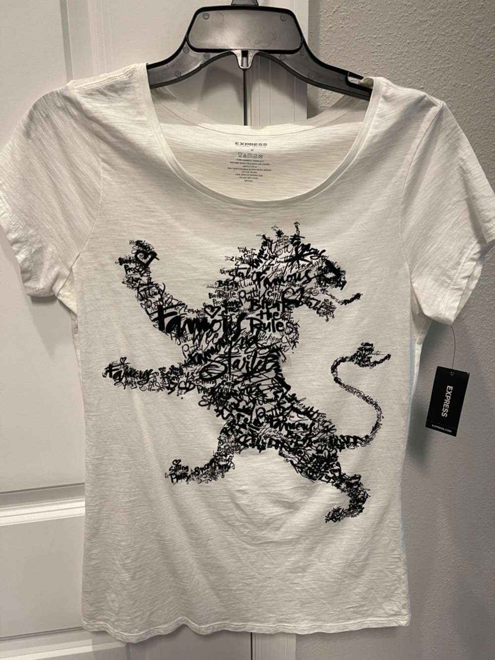 Express White Tee with Black Script Lion Graphic